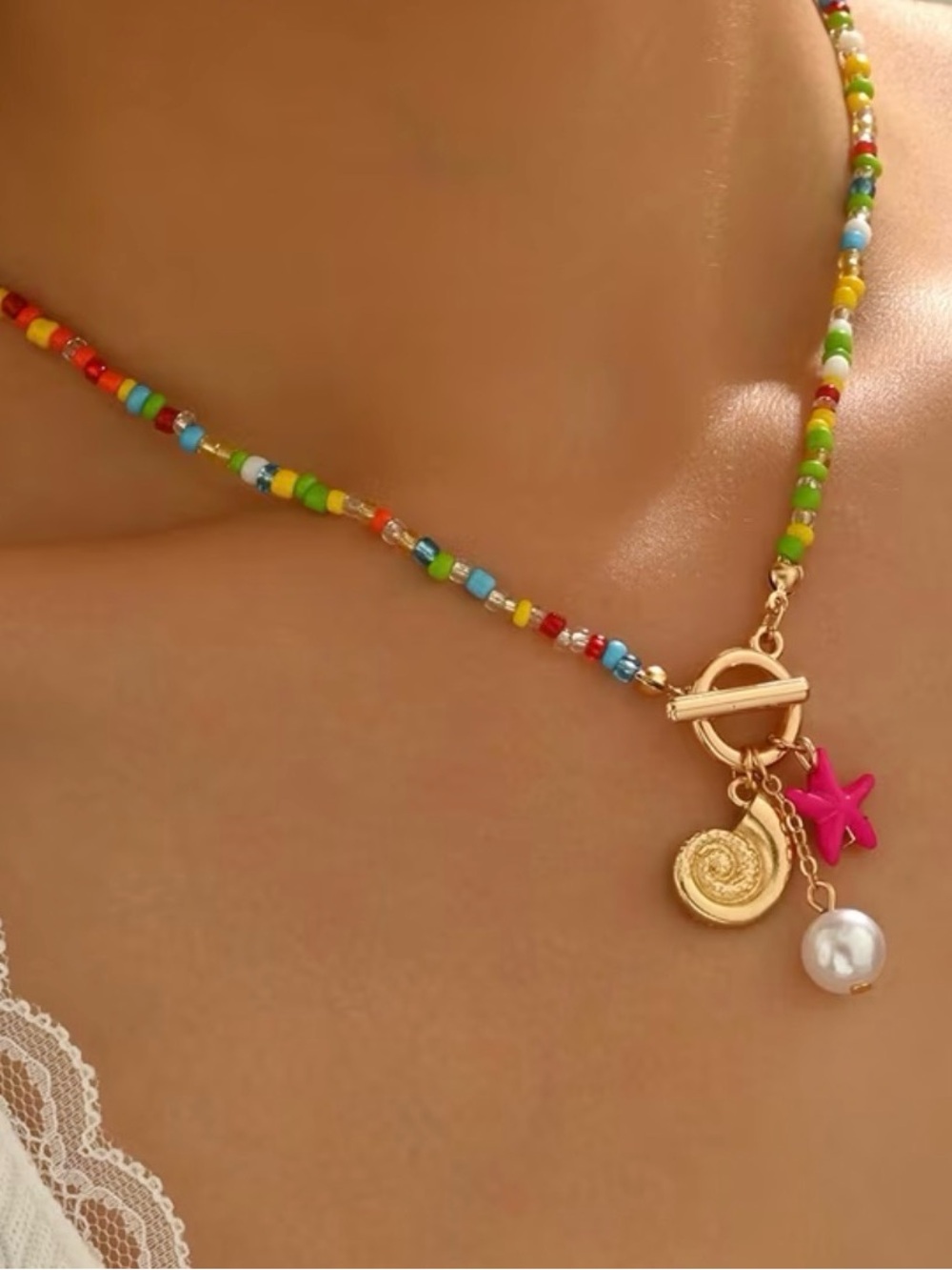 Gold Bead Multicolor Charm Necklace with Pink Star and Pearl